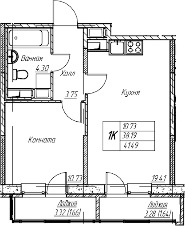 1-комнатная квартира 41.49 м², 19/22 эт., ЖК «Парк-квартал Юнтолово»